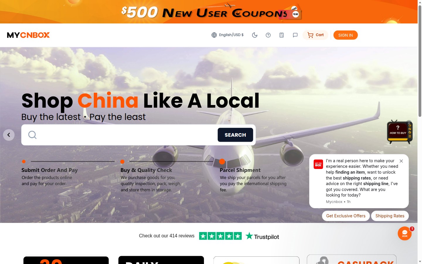Official MyCNBox homepage: search, coupon banner and sign-in